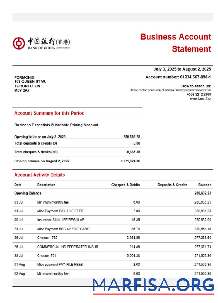 Realistic Bank of China company checking account statement Word and PDF template